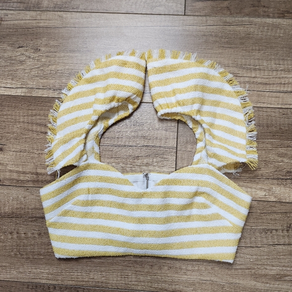 LPA the Label Yellow White stripe gold shimmer crop top ruffle sleeve women's xs - Picture 4 of 13